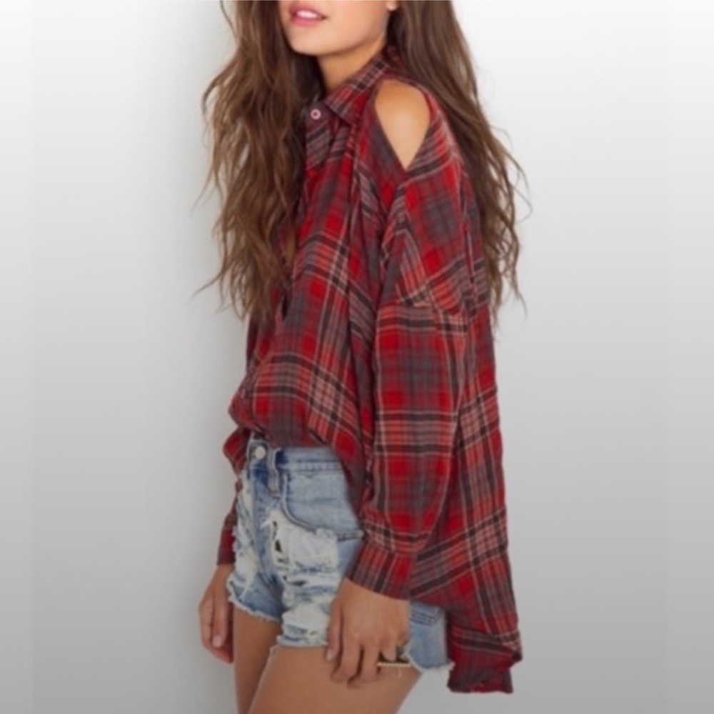 Unif Oversized Plaid Open-Shoulder Top - image 6